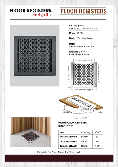 Cast Iron Floor Vent Cover / Register Size: 10” X 10” With Damper Top Faceplate Outer Size 12" X 12", Thickness 5 Mm, Handcrafted Tudor Mushroom Design (VR100)