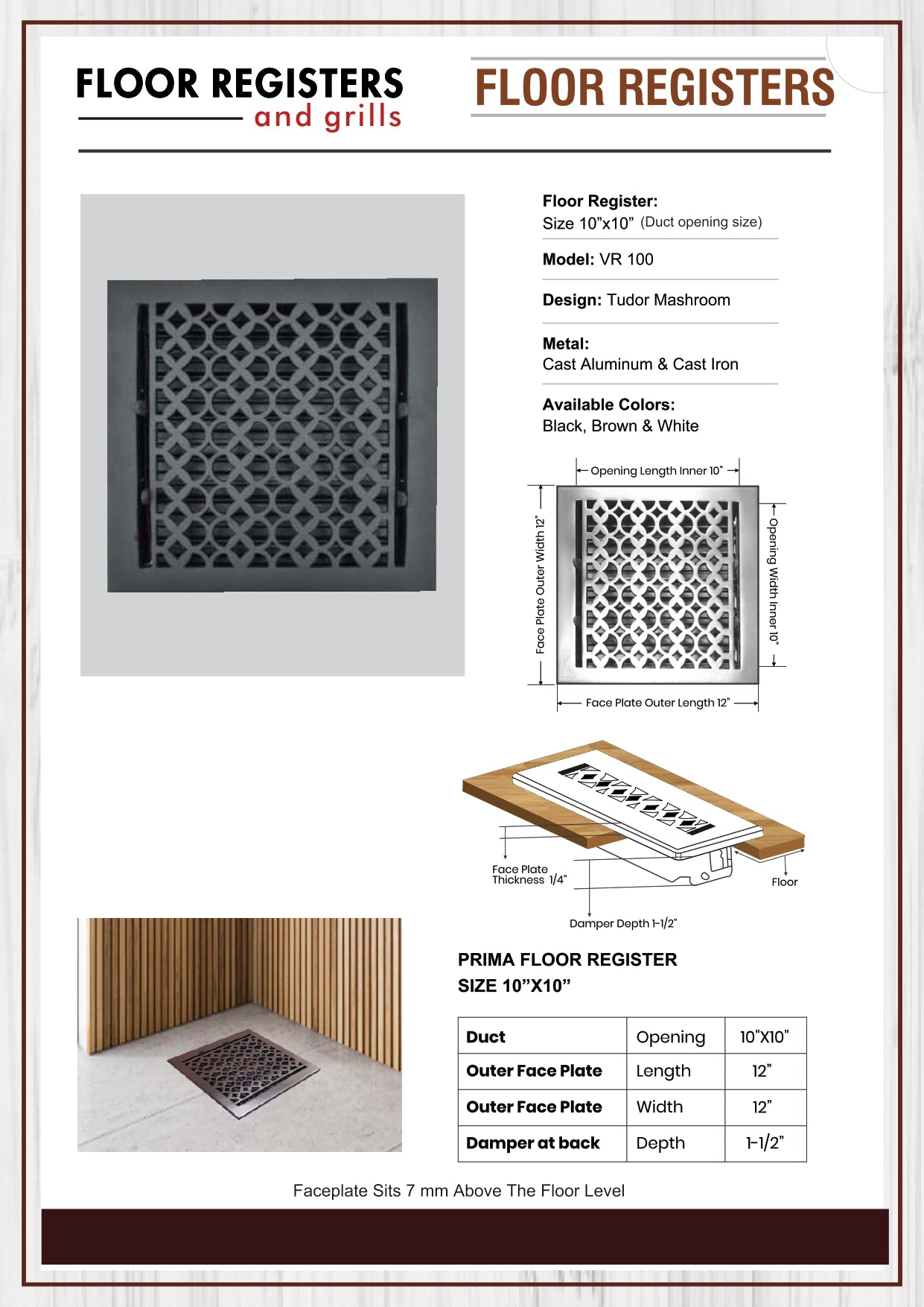 Cast Aluminum Floor Vent Cover / Register Size: 10” X 10” With Damper Top Faceplate Outer Size 12" X 12", Thickness 5 Mm, Handcrafted Tudor Mushroom Design (VR100)