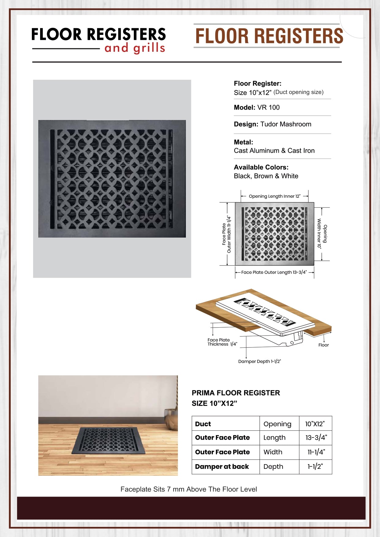 Cast Iron Floor Vent Cover / Register Size: 10” X12” With Damper Top Faceplate Outer Size 11-1/4" X 13-3/4", Thickness 5 Mm, Handcrafted Tudor Mushroom Design (VR100)