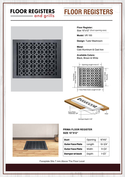 Cast Aluminum Floor Vent Cover / Register Size: 10” X12” With Damper Top Faceplate Outer Size 11-1/4" X 13-3/4", Thickness 5 Mm, Handcrafted Tudor Mushroom Design (VR100)