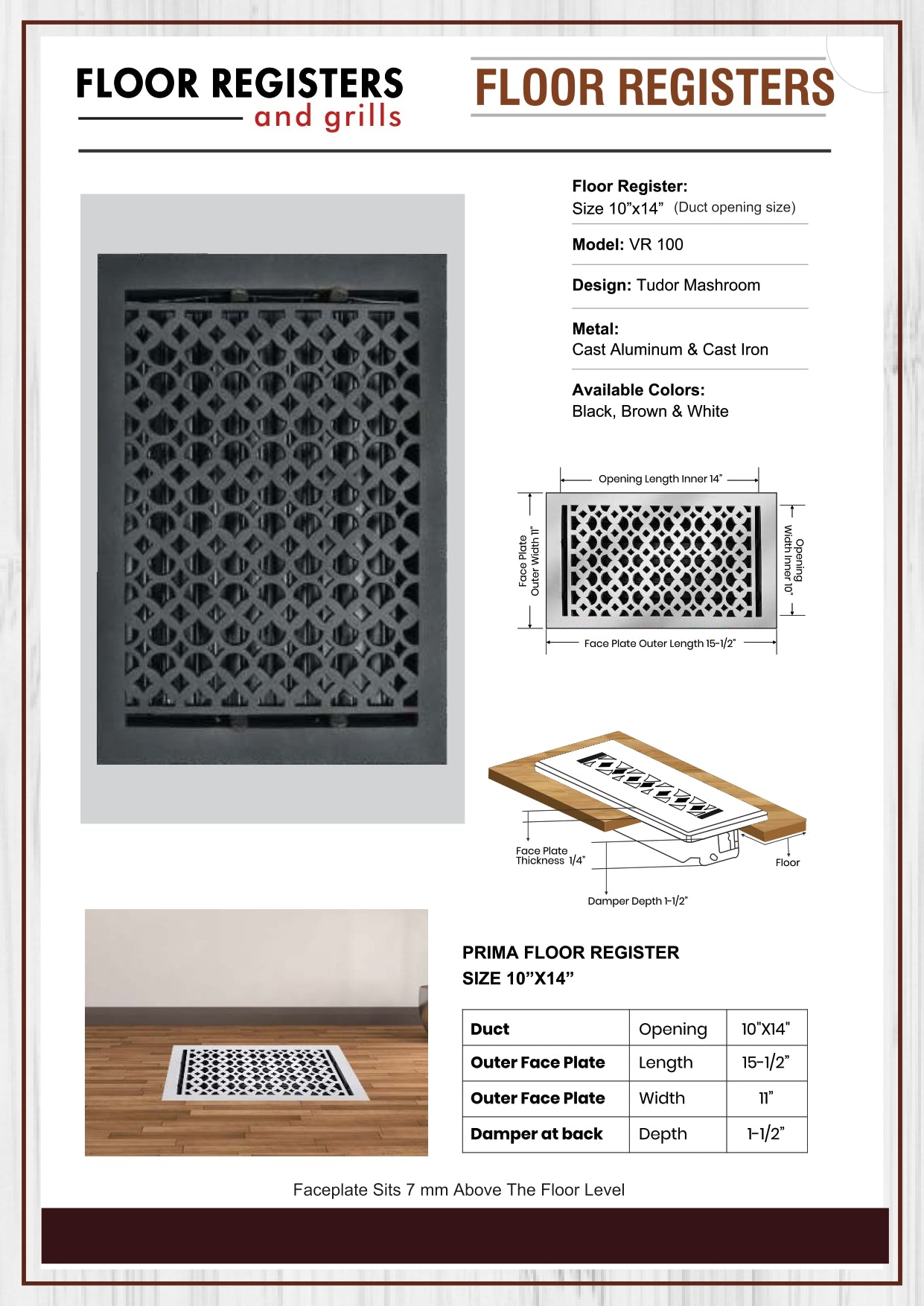 Cast Aluminum Floor Vent Cover / Register Size: 10” X 14” With Damper Top Faceplate Outer Size 11" X 15-1/2" Thickness 5 Mm, Handcrafted Tudor Mushroom Design (VR100)