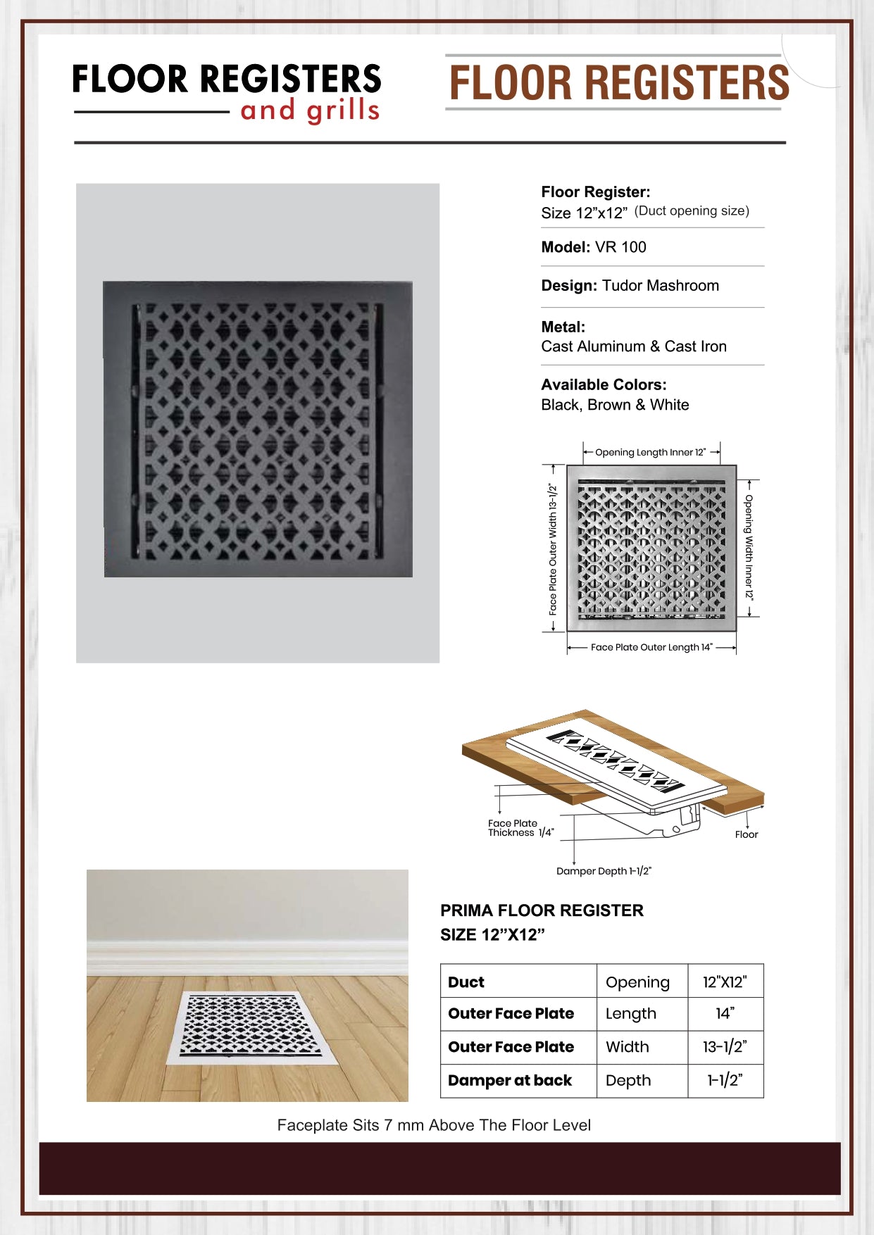 Cast Aluminum Floor Vent Cover / Register Size: 12” X 12” With Damper Top Faceplate Outer Size 11" X 15-1/2", Thickness 5 Mm, Handcrafted Tudor Mushroom Design (VR100)