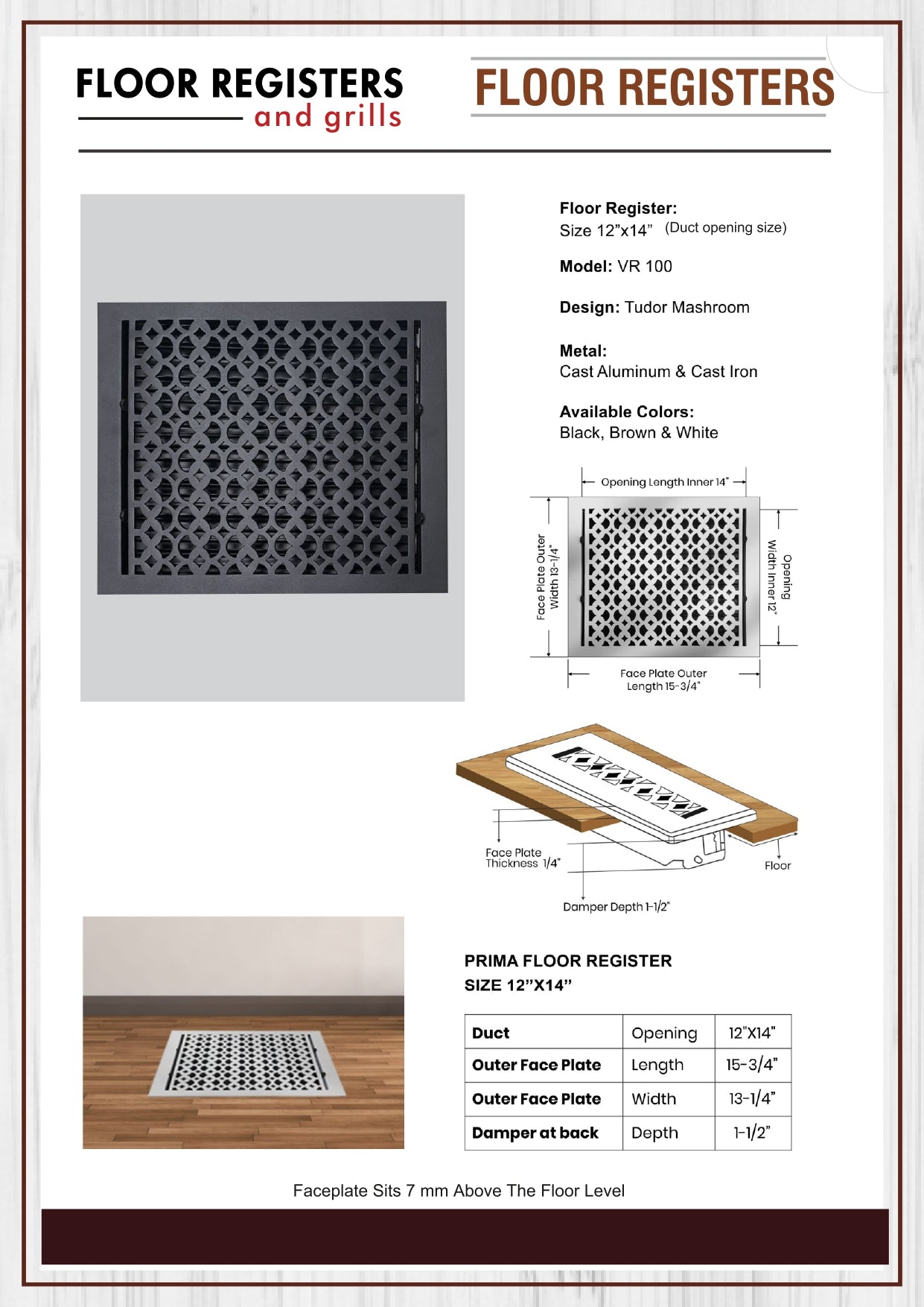 Cast Aluminum Floor Vent Cover / Register Size: 12” X 14” With Damper Top Faceplate Outer Size 13-1/4" X 15-3/4", Thickness 5 Mm, Handcrafted Tudor Mushroom Design (VR100)