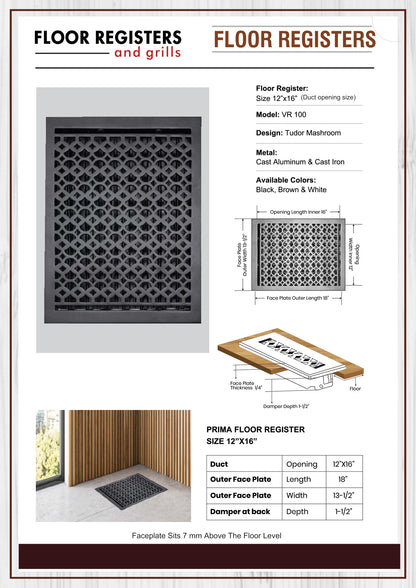 Cast Aluminum Floor Vent Cover / Register Size: 12” X 16” With Damper Top Faceplate Outer Size 13-1/2" X 18", Thickness 5 Mm, Handcrafted Tudor Mushroom Design (VR100)