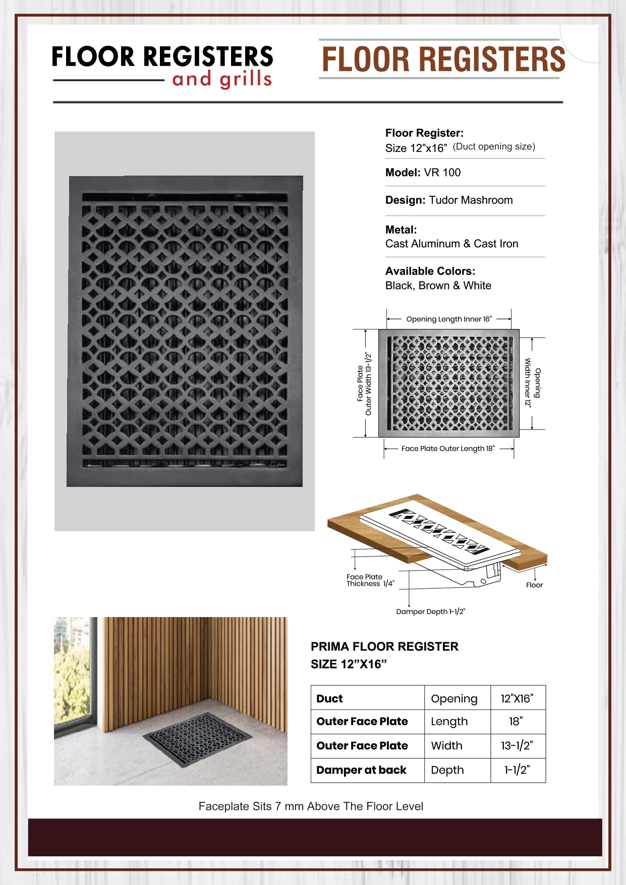 Cast Iron Floor Vent Cover / Register Size: 12” X 16” With Damper Top Faceplate Outer Size 13-1/2" X 18", Thickness 5 Mm, Handcrafted Tudor Mushroom Design (VR100)