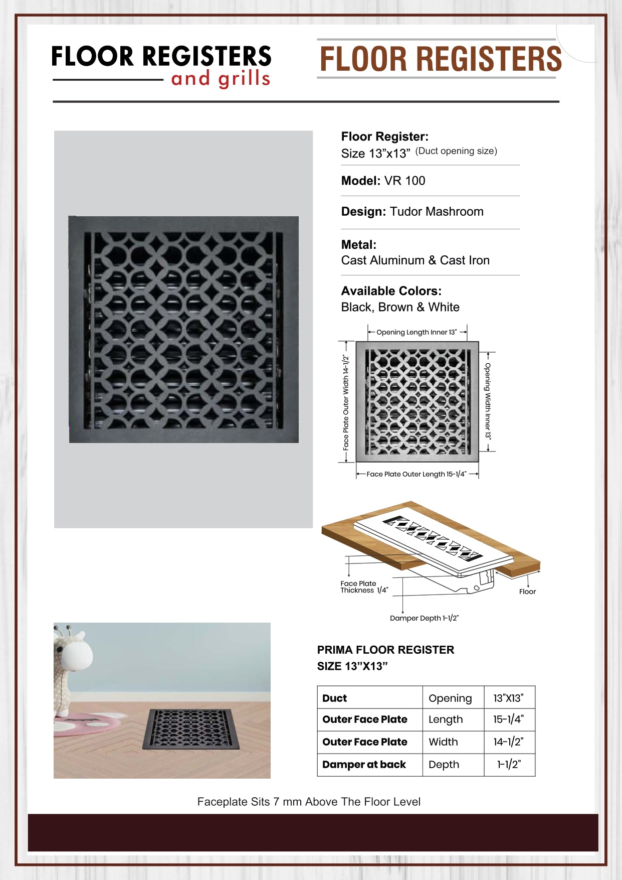 Cast Aluminum Floor Vent Cover / Register Size: 13” X 13” With Damper Top Faceplate Outer Size 14-1/2" X 15-1/4", Thickness 5 Mm, Handcrafted Tudor Mushroom Design (VR100)