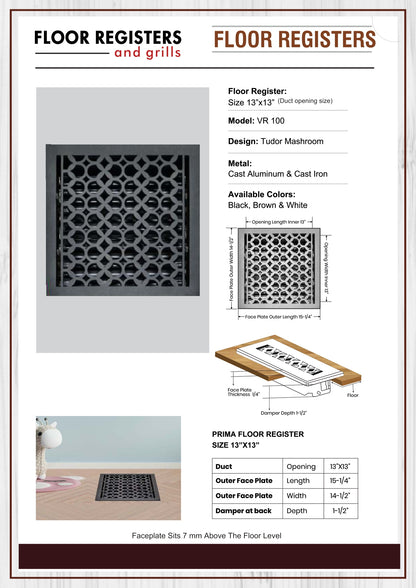 Cast Aluminum Floor Vent Cover / Register Size: 13” X 13” With Damper Top Faceplate Outer Size 14-1/2" X 15-1/4", Thickness 5 Mm, Handcrafted Tudor Mushroom Design (VR100)