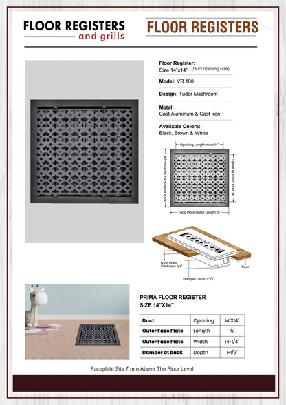 Cast Aluminum Floor Vent Cover / Register Size: 14” X 14” With Damper Top Faceplate Outer Size 14-1/4" X 15", Thickness 5 Mm, Handcrafted Tudor Mushroom Design (VR100)