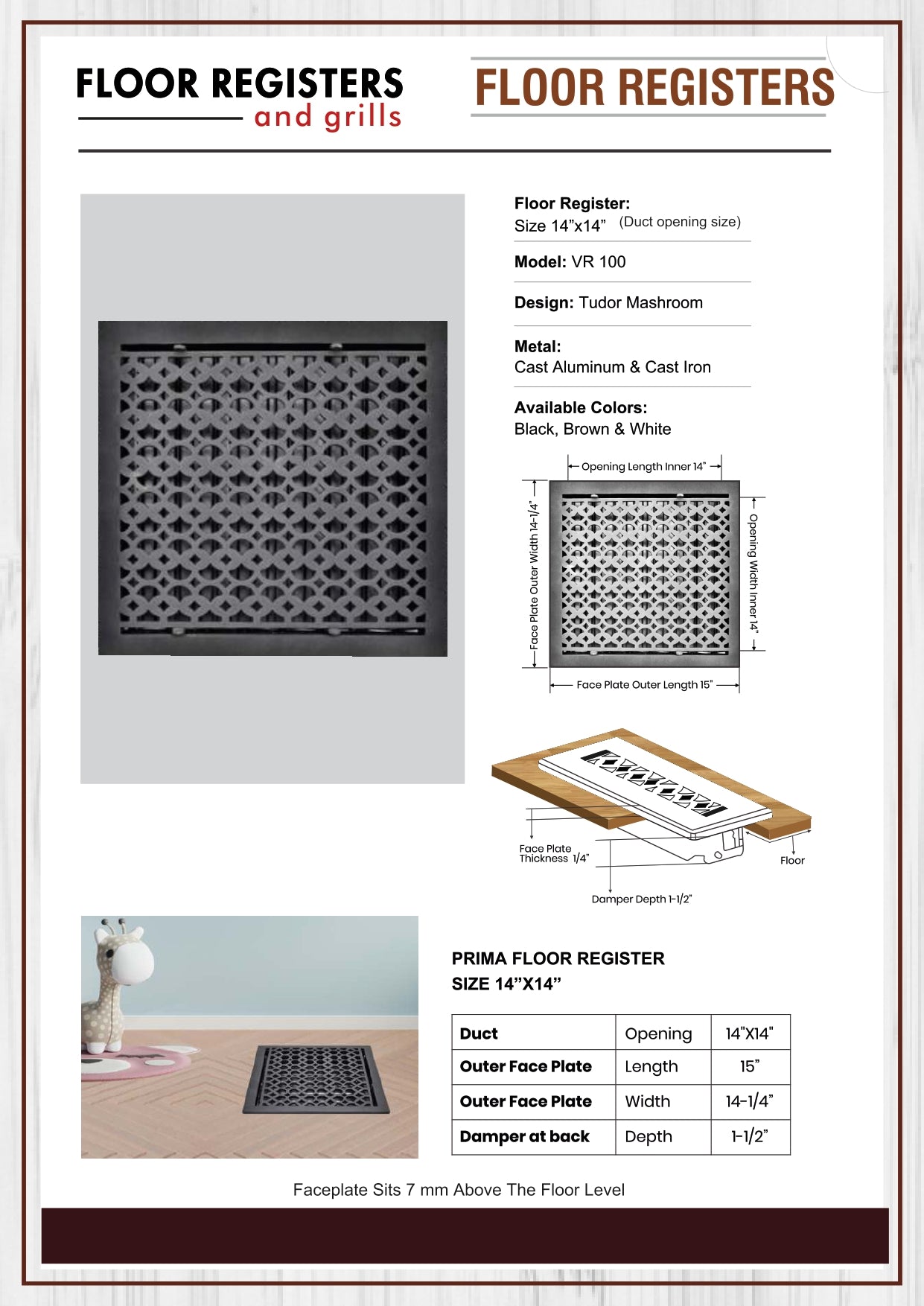 Cast Iron Floor Vent Cover / Register Size: 14” X 14” With Damper Top Faceplate Outer Size 14-1/4" X 15", Thickness 5 Mm, Handcrafted Tudor Mushroom Design (VR100)