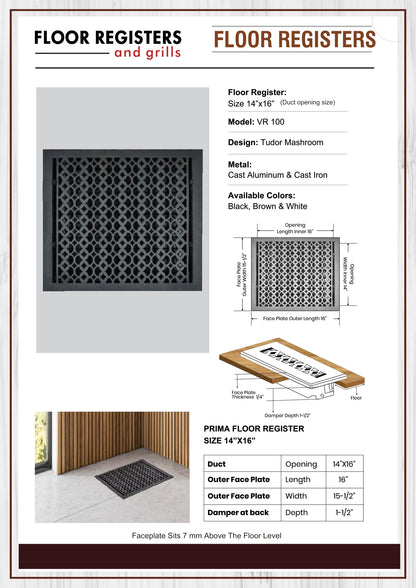 Cast Aluminum Floor Vent Cover / Register Size: 14” X 16” With Damper Top Faceplate Outer Size 16" X 15-1/2", Thickness 5 Mm, Handcrafted Tudor Mushroom Design (VR100)