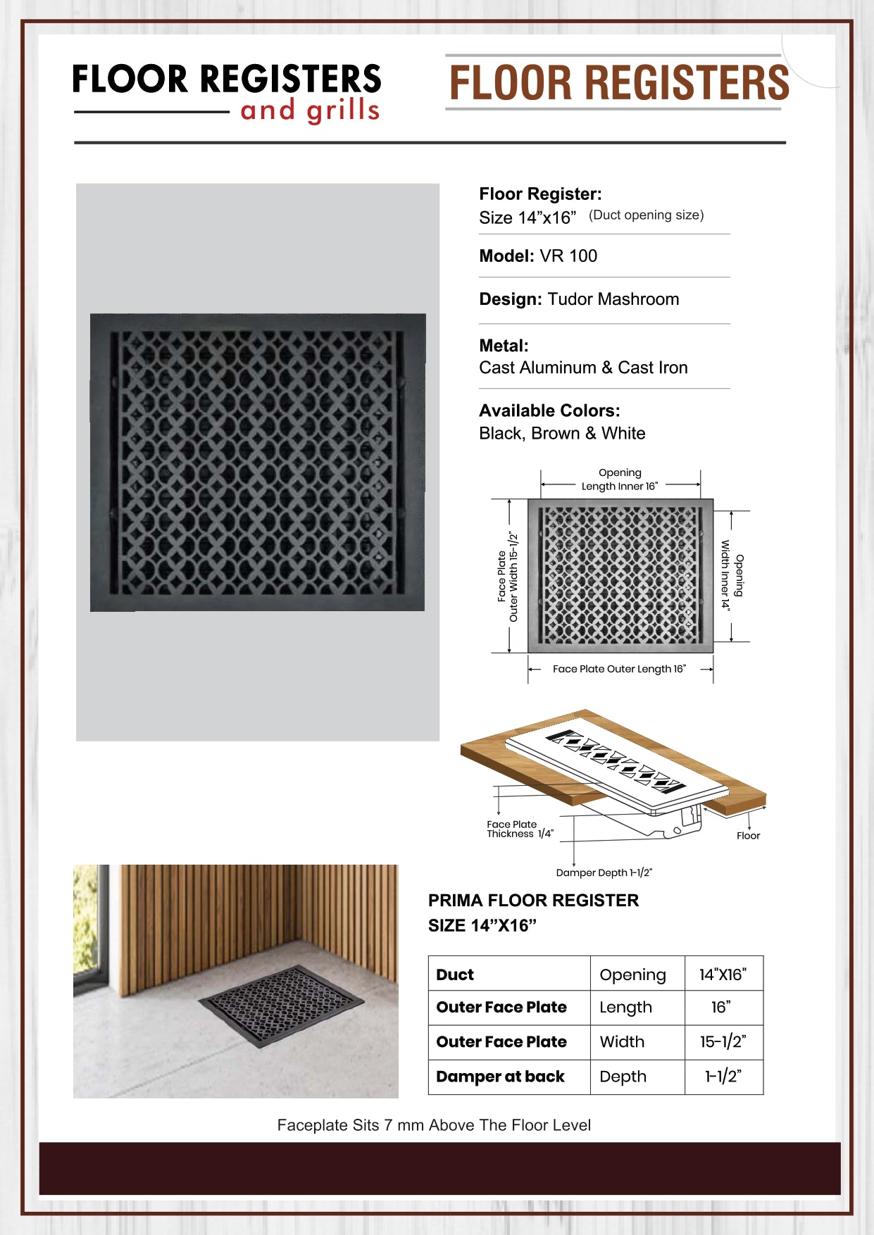 Cast Iron Floor Vent Cover / Register Size: 14” X 16” With Damper Top Faceplate Outer Size 16" X 15-1/2", Thickness 5 Mm, Handcrafted Tudor Mushroom Design (VR100)