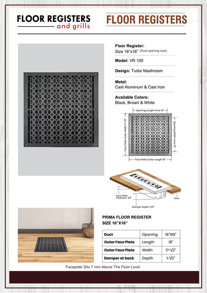 Cast Aluminum Floor Vent Cover / Register Size: 16” X 16” With Damper Top Faceplate Outer Size 17-1/2" X 18", Thickness 5 Mm, Handcrafted Tudor Mushroom Design (VR100)