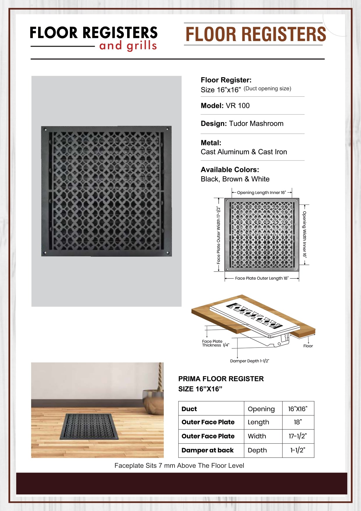 Cast Iron Floor Vent Cover / Register Size: 16” X 16” With Damper Top Faceplate Outer Size 17-1/2" X 18", Thickness 5 Mm, Handcrafted Tudor Mushroom Design (VR100)