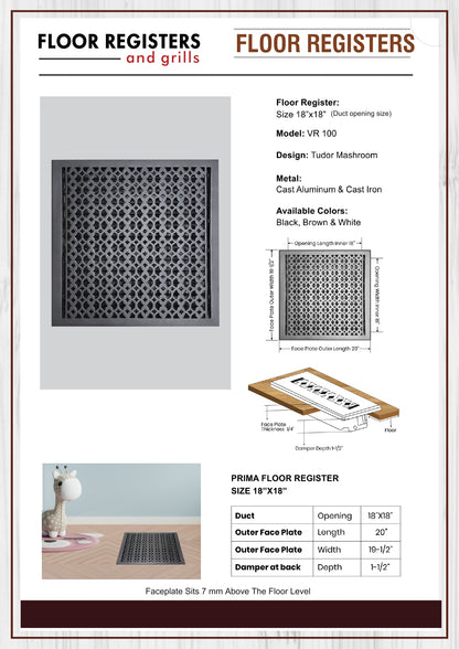 Cast Aluminum Floor Vent Cover / Register Size: 18” X 18” With Damper Top Faceplate Outer Size 19-1/2" X 20", Thickness 5 Mm, Handcrafted Tudor Mushroom Design (VR100)