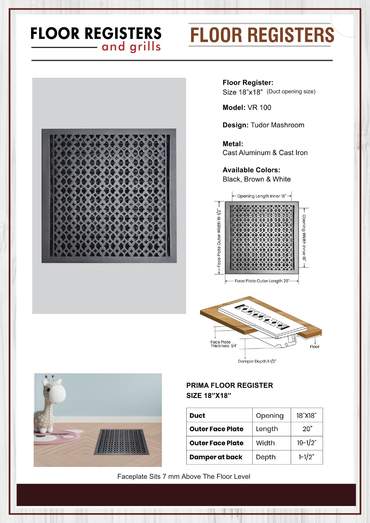 Cast Iron Floor Vent Cover / Register Size: 18” X 18” With Damper Top Faceplate Outer Size 19-1/2" X 20", Thickness 5 Mm, Handcrafted Tudor Mushroom Design (VR100)