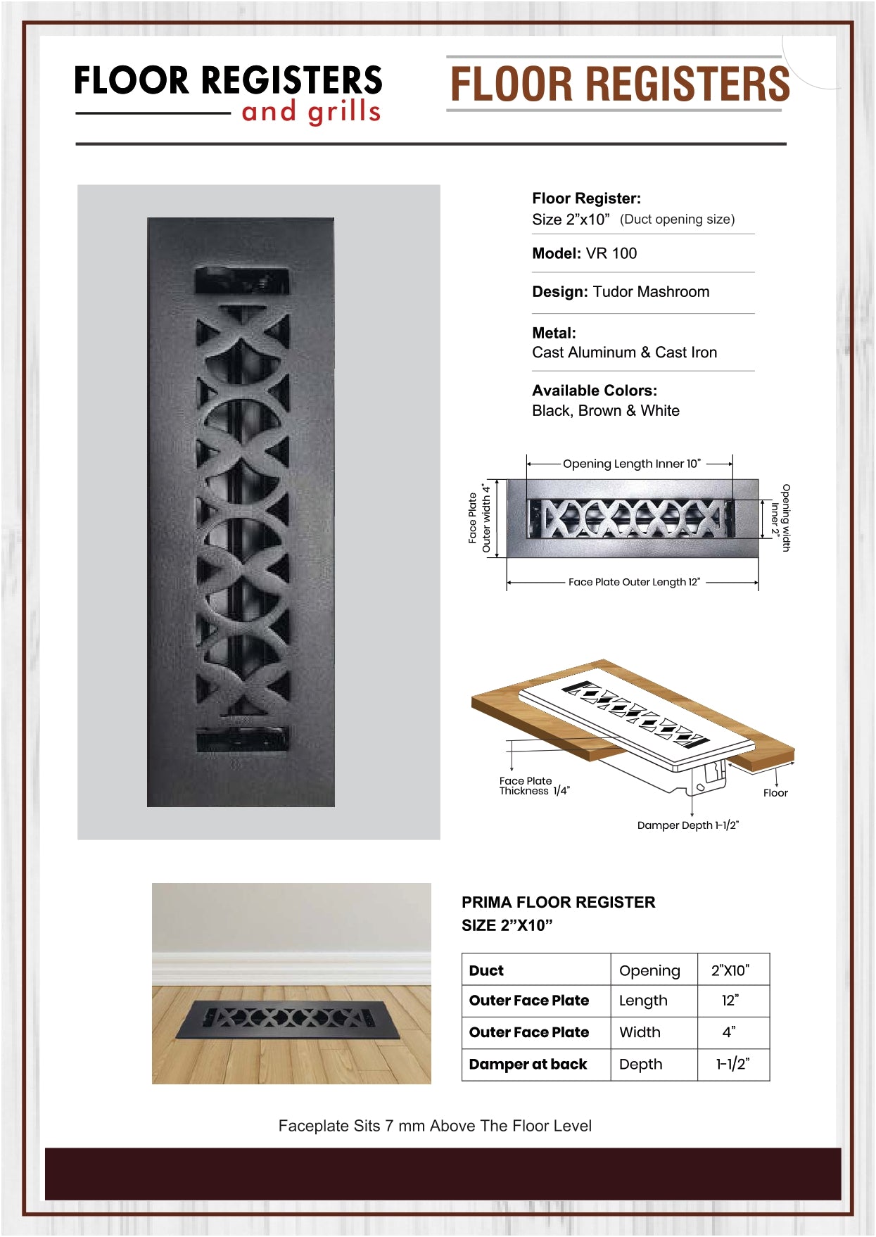 Cast Aluminum Floor Vent Cover / Register Size: 2” X 10” With Damper Top Faceplate Outer Size 4” X 12”, Thickness 5 mm Handcrafted Tudor Mushroom Design (VR 100)