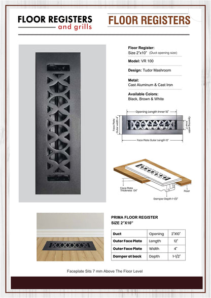 Cast Aluminum Floor Vent Cover / Register Size: 2” X 10” With Damper Top Faceplate Outer Size 4” X 12”, Thickness 5 mm Handcrafted Tudor Mushroom Design (VR 100)