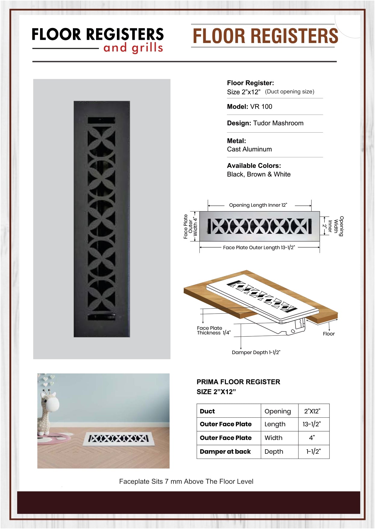 Cast Aluminum Floor Vent Cover / Register Size: 2” X 12” With Damper Top Faceplate Outer Size 4" X 13-1/2", Thickness 5 Mm, Handcrafted Tudor Mushroom Design (VR100)