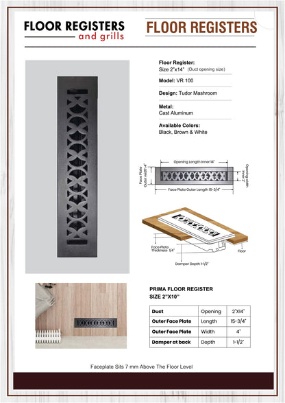 Cast Aluminum Floor Vent Cover / Register Size: 2” X 14” With Damper Top Faceplate Outer Size 4" X 15-3/4", Thickness 5 Mm, Handcrafted Tudor Mushroom Design (VR100)