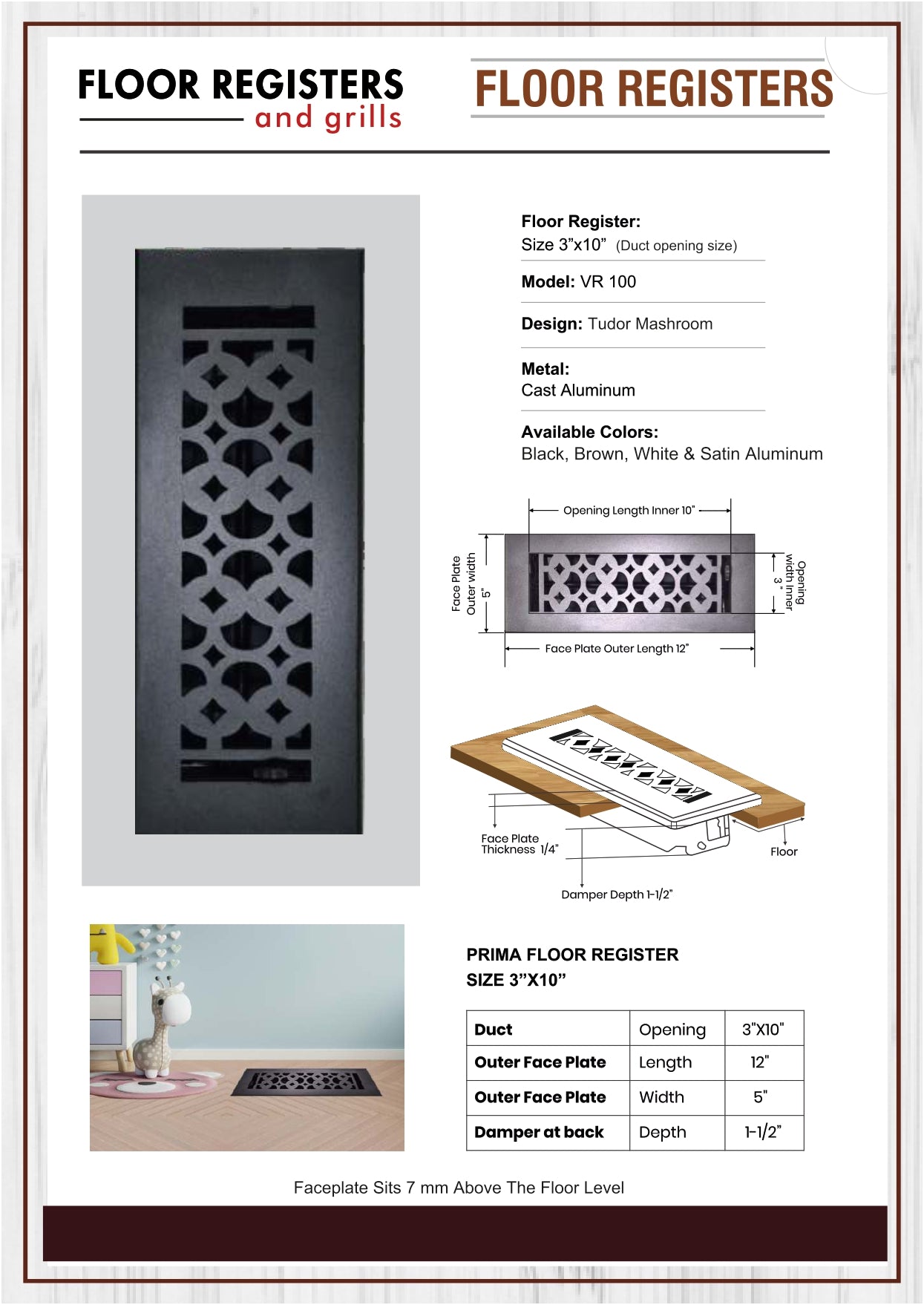 Cast Aluminum Floor Vent Cover / Register Size: 3” X 10” With Damper Top Faceplate Outer Size 12"X5", Thickness 5 Mm, Handcrafted Tudor Mushroom Design (VR100)