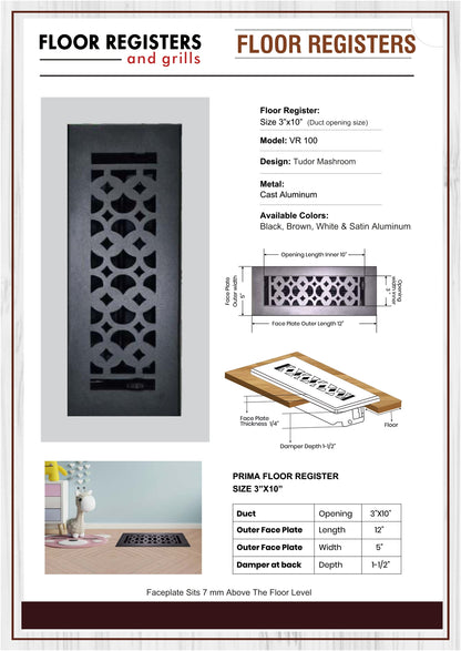 Cast Aluminum Floor Vent Cover / Register Size: 3” X 10” With Damper Top Faceplate Outer Size 12"X5", Thickness 5 Mm, Handcrafted Tudor Mushroom Design (VR100)