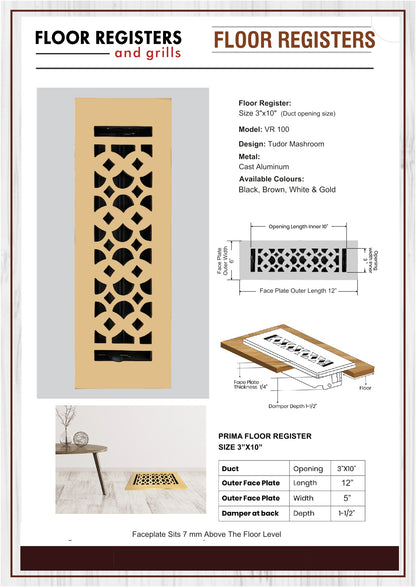 Cast Aluminum Floor Vent Cover / Register Size: 3” X 10” With Damper Top Faceplate Outer Size 12"X5", Thickness 5 Mm, Handcrafted High-Quality Metal – Cast Aluminum Brushed Gold Re-Paintable For Floors, Walls, And Ceilings – Tudor Mushroom Design (VR 100)