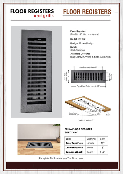 Floor Vent Cover / Register Size: 3” X 10” With Damper Top Faceplate Outer Size 12″X5″, Thickness 5 Mm, Handcrafted High-Quality Metal – Cast Aluminum Powder Coated Re-Paintable For Floors, Walls, And Ceilings – Modern And Contemporary Design (VR 102)