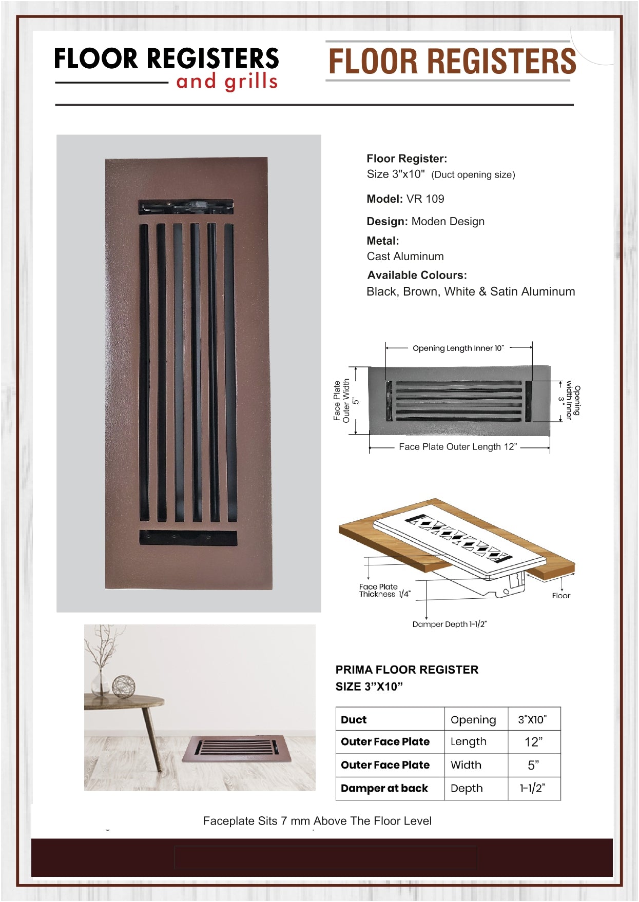 Floor Vent Cover / Register Size: 3” X 10” With Damper Top Faceplate Outer Size 12″X5″, Thickness 5 Mm, High-Quality Metal – Cast Aluminum Powder Coated Re-Paintable For Floors, Walls, And Ceilings – Modern Linear Design (VR 109)