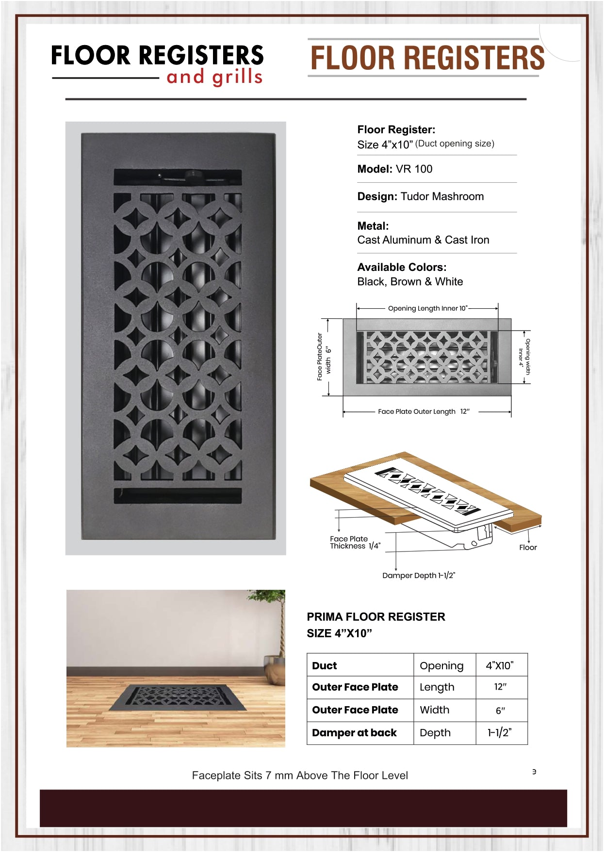 Cast Aluminum Floor Vent Cover / Register Size: 4” X 10” With Damper Top Faceplate Outer Size 6" X 12", Thickness 5 Mm, Handcrafted Tudor Mushroom Design (VR100)