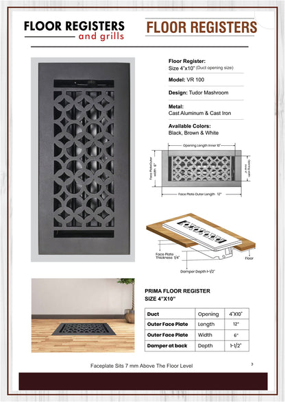 Cast Aluminum Floor Vent Cover / Register Size: 4” X 10” With Damper Top Faceplate Outer Size 6" X 12", Thickness 5 Mm, Handcrafted Tudor Mushroom Design (VR100)