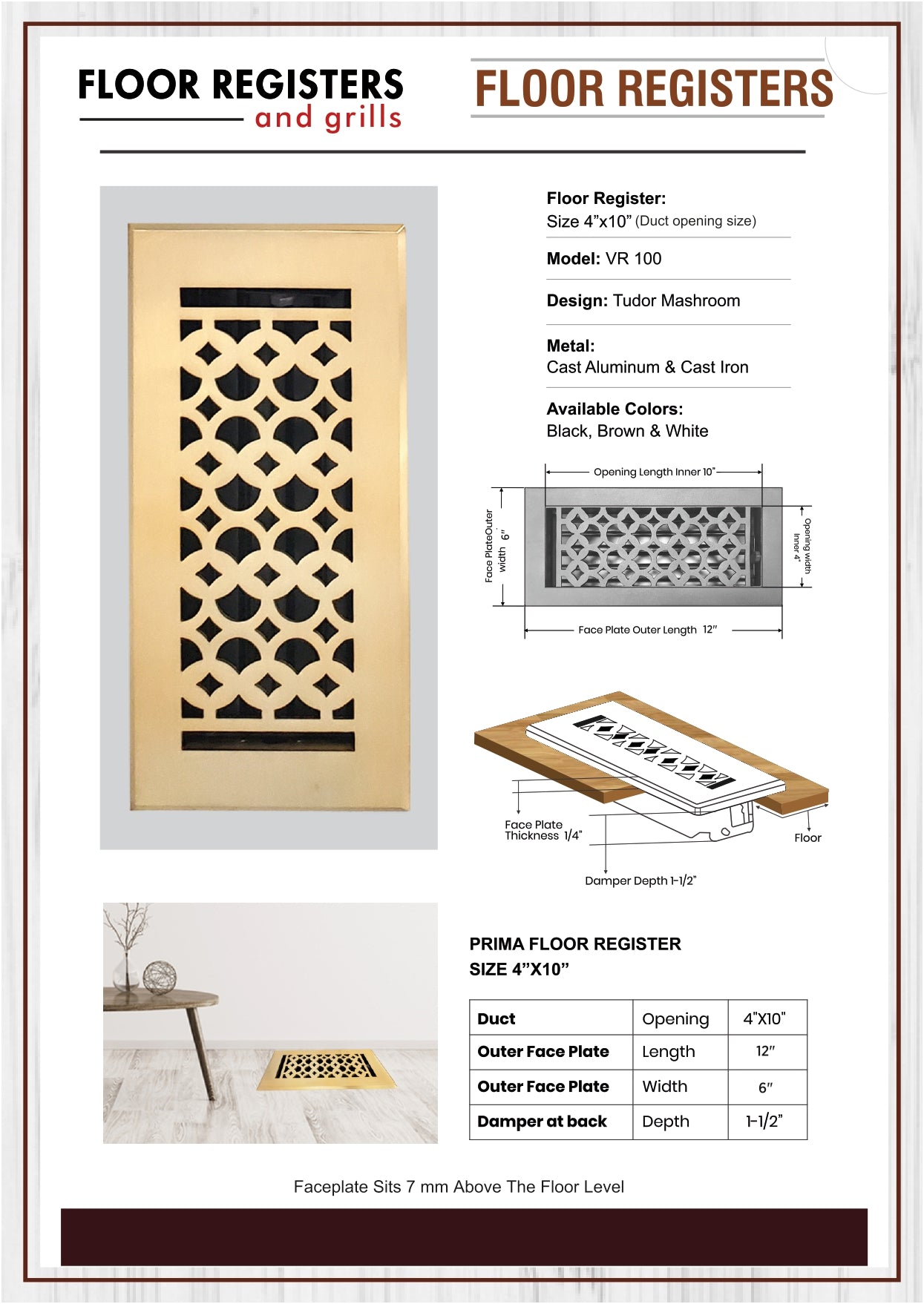 Cast Aluminum Floor Register Brushed Gold Size 4″ X 10″ VR100