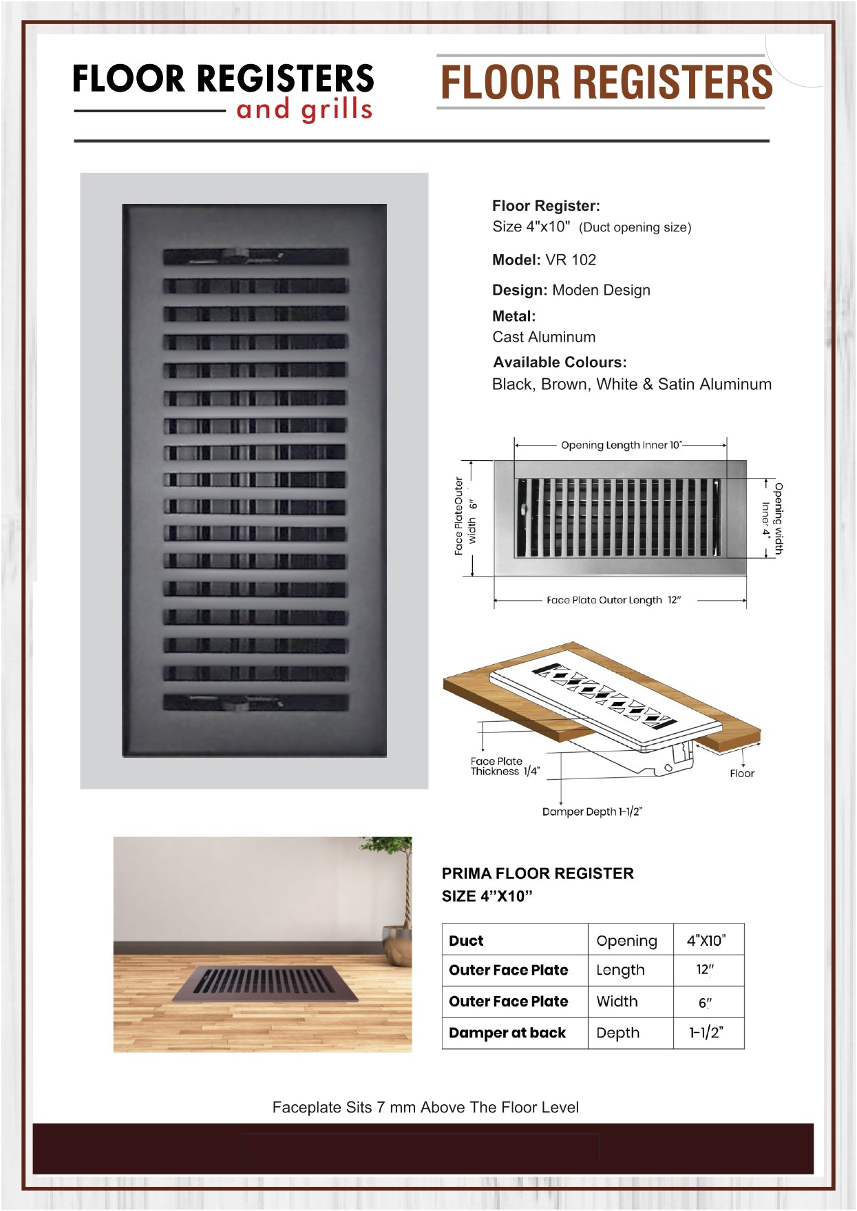 Floor Vent Cover / Register Size: 4” X 10” With Damper Top Faceplate Outer Size 6″ X 12″, Thickness 5 Mm, High-Quality Metal – Cast Aluminum Powder Coated Re-Paintable For Floors, Walls, And Ceilings – Modern And Contemporary Design (VR 102)