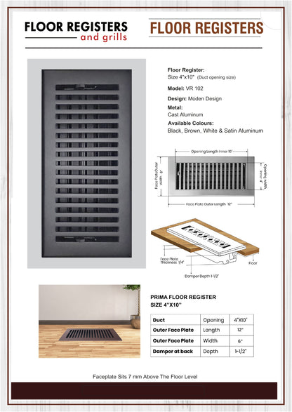 Floor Vent Cover / Register Size: 4” X 10” With Damper Top Faceplate Outer Size 6″ X 12″, Thickness 5 Mm, High-Quality Metal – Cast Aluminum Powder Coated Re-Paintable For Floors, Walls, And Ceilings – Modern And Contemporary Design (VR 102)