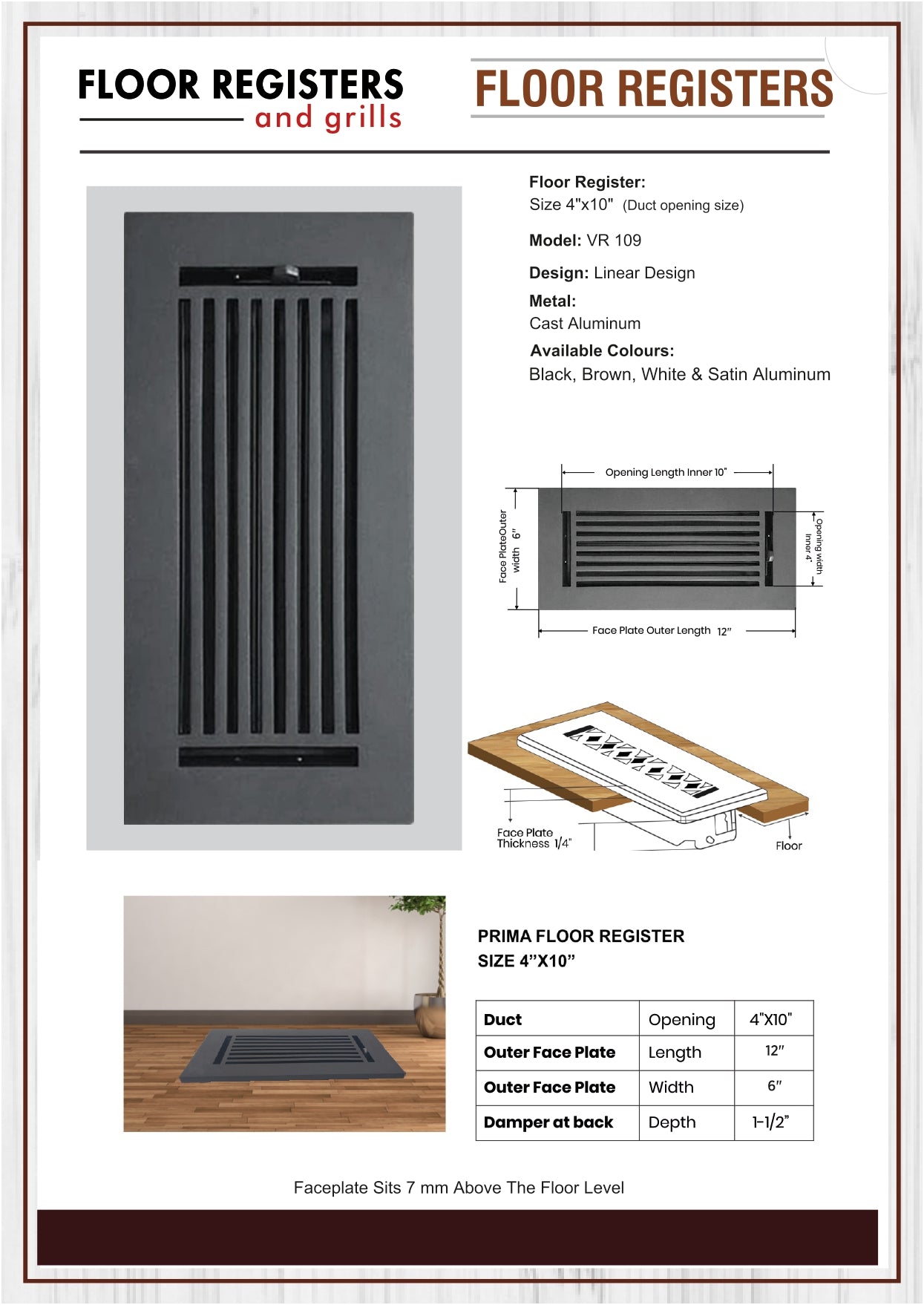 Floor Vent Cover / Register Size: 4” X 10” With Damper Top Faceplate Outer Size 6″ X 12”, Thickness 5 Mm, High-Quality Metal – Cast Aluminum Powder Coated Re-Paintable For Floors, Walls, And Ceilings – Modern Linear Design (VR 109)