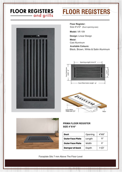 Floor Vent Cover / Register Size: 4” X 10” With Damper Top Faceplate Outer Size 6″ X 12”, Thickness 5 Mm, High-Quality Metal – Cast Aluminum Powder Coated Re-Paintable For Floors, Walls, And Ceilings – Modern Linear Design (VR 109)