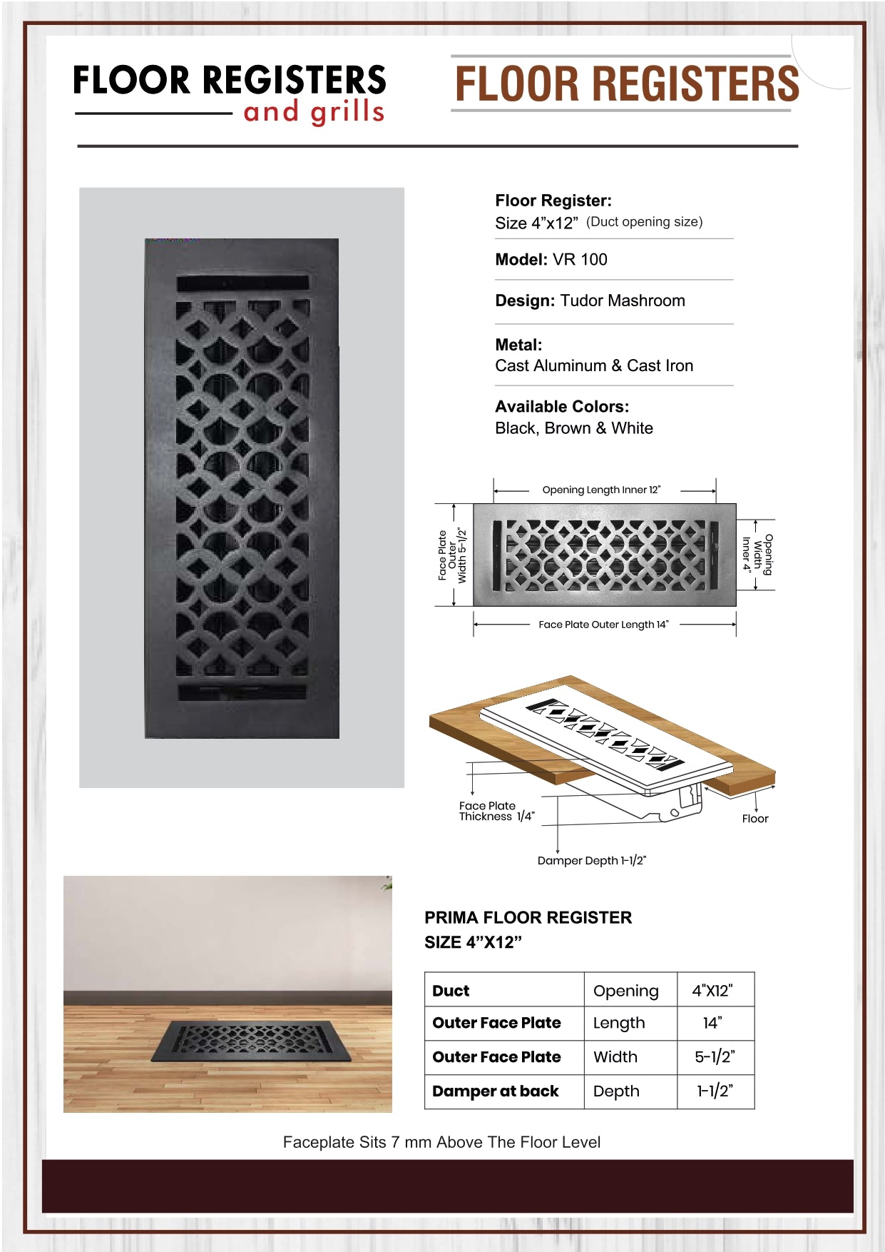 Cast Aluminum Floor Vent Cover / Register Size: 4” X 12” With Damper Top Faceplate Outer Size 5-1/2" X 14", Thickness 5 Mm, Handcrafted Tudor Mushroom Design (VR100)