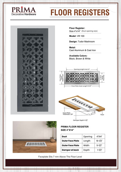 Cast Aluminum Floor Vent Cover / Register Size: 4” X 14” With Damper Top Faceplate Outer Size 5-1/2″ x 15-1/2″, Thickness 5 mm Handcrafted Tudor Mushroom Design (VR 100)