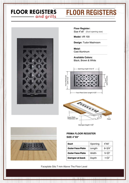 Cast Aluminum Floor Vent Cover / Register Size: 4” X 8” With Damper Top Faceplate Outer Size 5-1/2" X 8-3/4", Thickness 5 Mm, Handcrafted Tudor Mushroom Design (VR100)