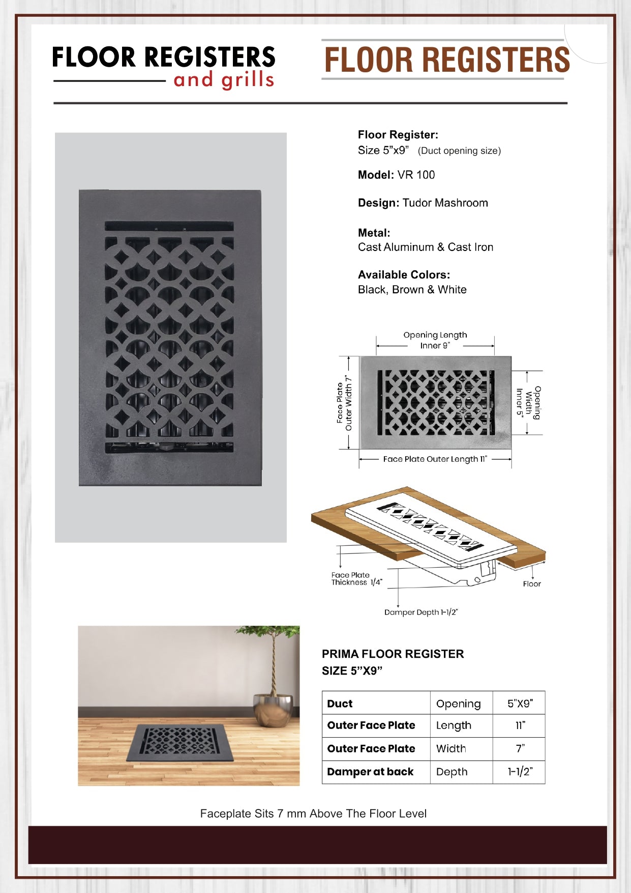 Cast Iron Floor Vent Cover / Register Size: 5” X 9” With Damper Top Faceplate Outer Size 7" x 11", Thickness 5 mm Handcrafted Tudor Mushroom Design (VR 100)