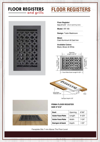 Cast Iron Floor Vent Cover / Register Size: 6” X 10” With Damper Top Faceplate Outer Size 7-1/4" X 11-3/4", Thickness 5 Mm, Handcrafted Tudor Mushroom Design (VR100)