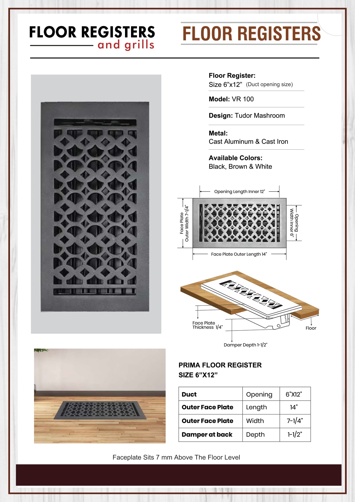 Cast Iron Floor Vent Cover / Register Size: 6” X 12” With Damper Top Faceplate Outer Size 7-1/4" X 14", Thickness 5 Mm, Handcrafted Tudor Mushroom Design (VR100)