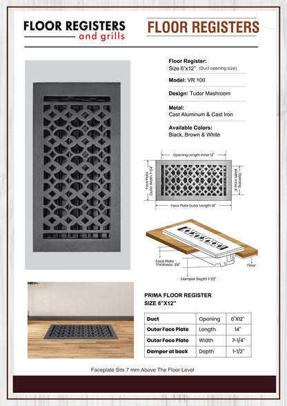 Cast Aluminum Floor Vent Cover / Register Size: 6” X 12” With Damper Top Faceplate Outer Size 7-1/4″ x 14″, Thickness 5 mm Handcrafted Tudor Mushroom Design (VR 100)