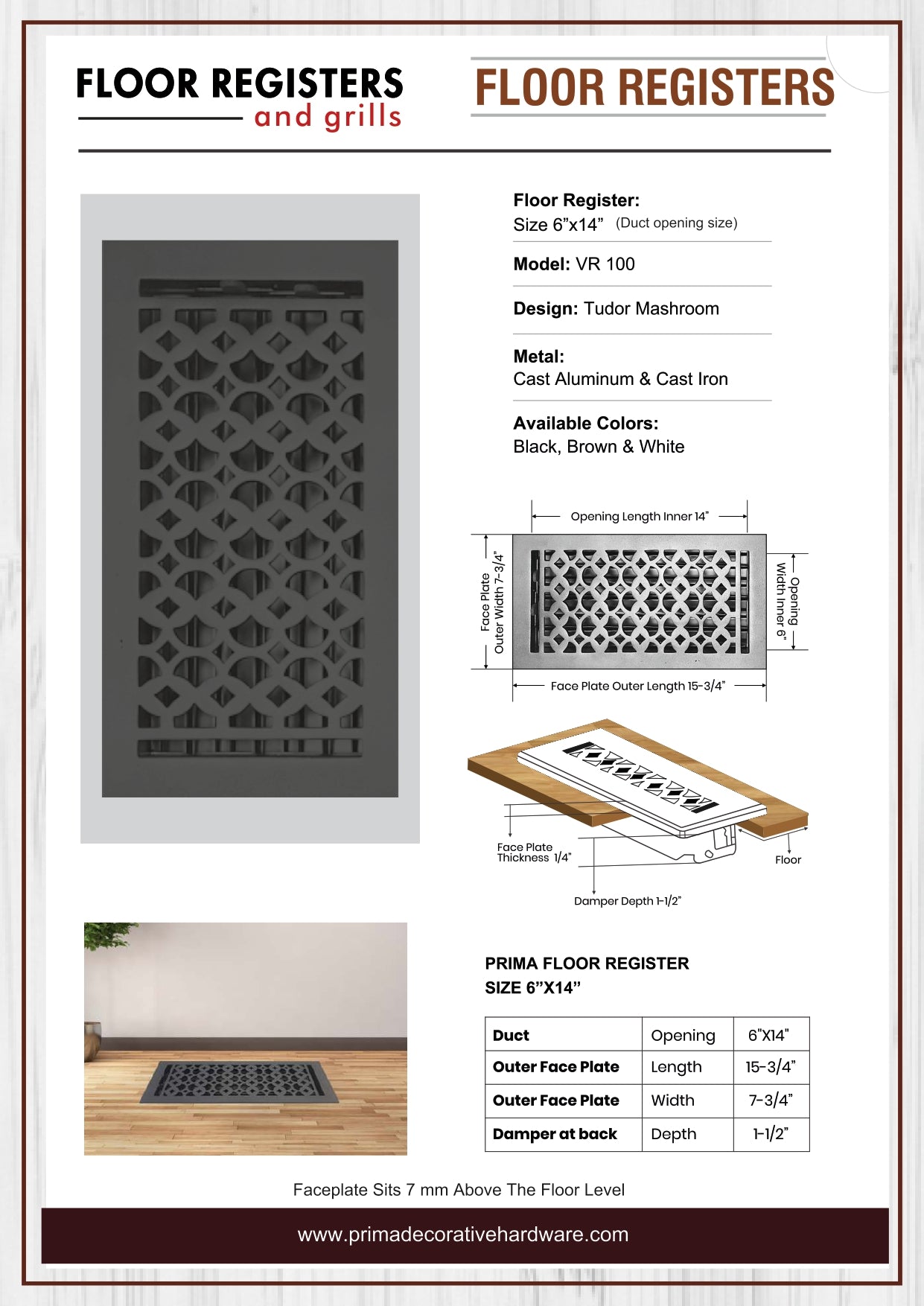 Cast Iron Floor Vent Cover / Register Size: 6” X 14” With Damper Top Faceplate Outer Size 7-3/4" X 15-3/4", Thickness 5 Mm, Handcrafted Tudor Mushroom Design (VR100)