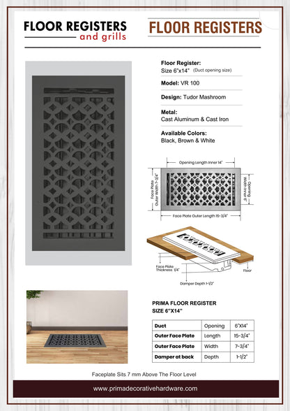 Cast Aluminum Floor Vent Cover / Register Size: 6” X 14” With Damper Top Faceplate Outer Size 7-3/4″ X 15-3/4″, Thickness 5 mm Handcrafted Tudor Mushroom Design (VR 100)