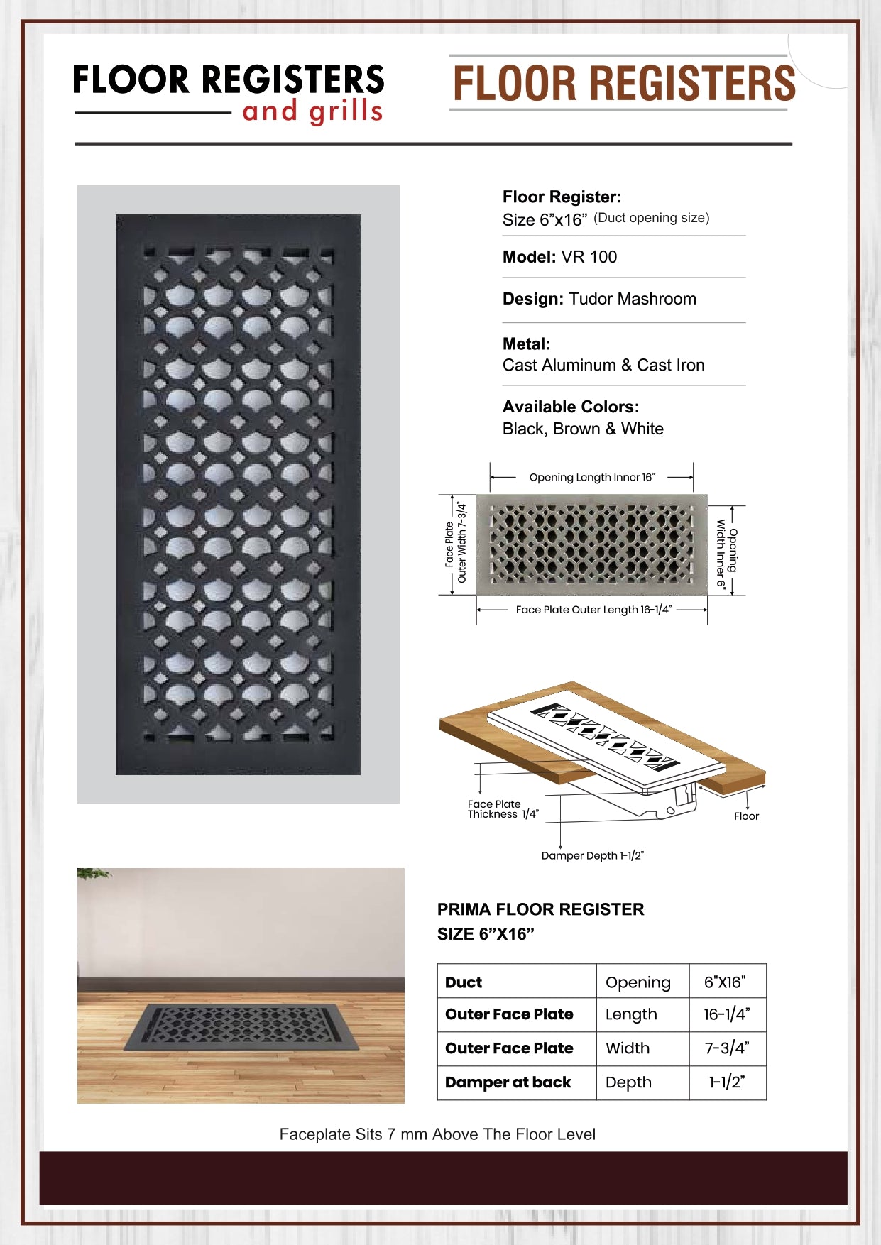 Cast Iron Floor Vent Cover / Register Size: 6” X 16” With Damper Top Faceplate Outer Size 7-3/4" X 16-1/4", Thickness 5 Mm, Handcrafted Tudor Mushroom Design (VR100)