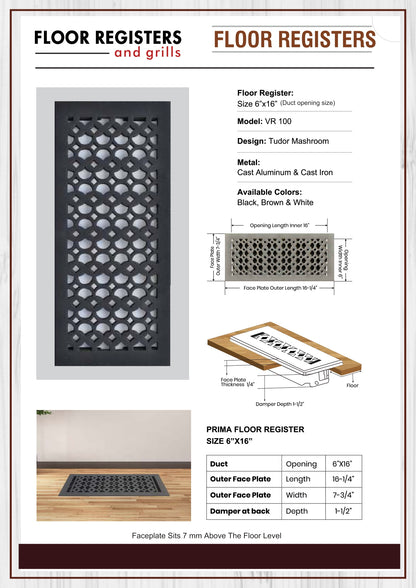 Cast Aluminum Floor Vent Cover / Register Size: 6” X 16” With Damper Top Faceplate Outer Size 7-3/4″ x 16-1/4″, Thickness 5 mm Handcrafted Tudor Mushroom Design (VR 100)