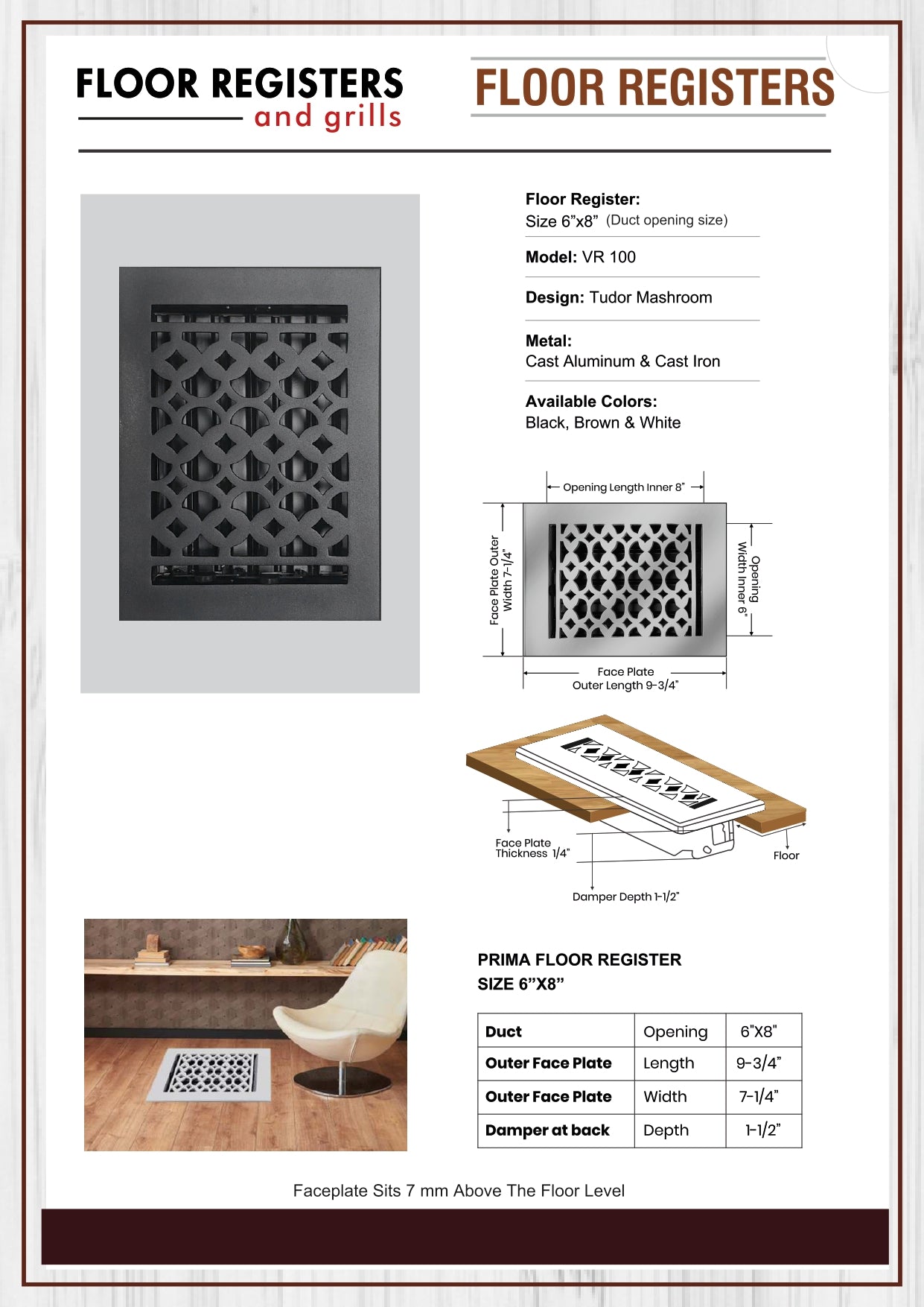 Cast Iron Floor Vent Cover / Register Size: 6” X 8” With Damper Top Faceplate Outer Size 7-1/4" x 9-3/4", Thickness 5 mm Handcrafted Tudor Mushroom Design (VR 100)