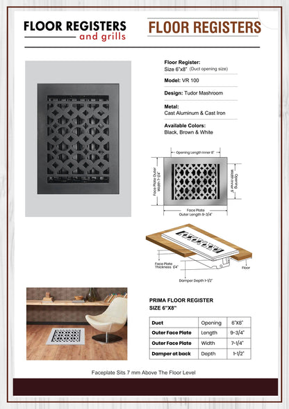 Cast Iron Floor Vent Cover / Register Size: 6” X 8” With Damper Top Faceplate Outer Size 7-1/4" x 9-3/4", Thickness 5 mm Handcrafted Tudor Mushroom Design (VR 100)