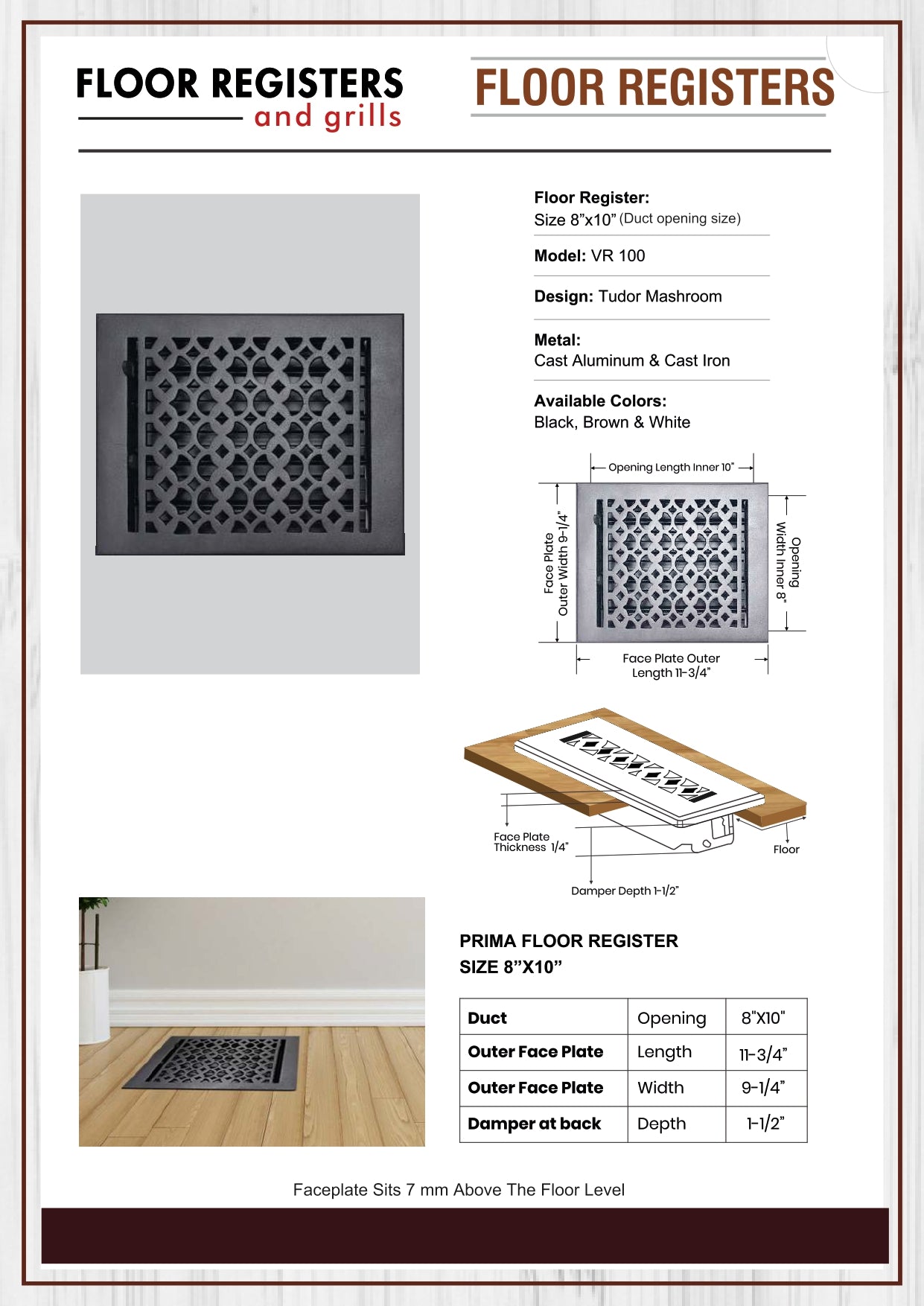 Cast Iron Floor Vent Cover / Register Size: 8” X 10” With Damper Top Faceplate Outer Size 9-1/4" X 11-3/4", Thickness 5 Mm, Handcrafted Tudor Mushroom Design (VR100)