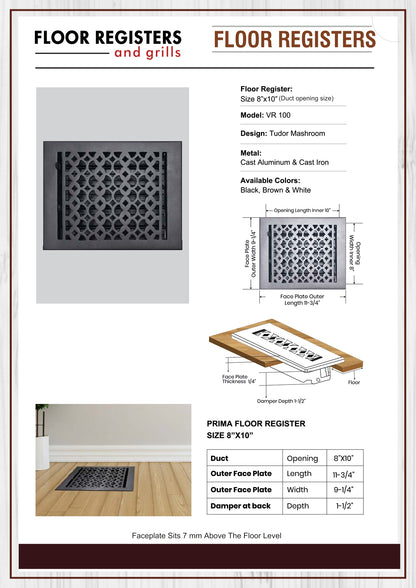 Cast Aluminum Floor Vent Cover / Register Size: 8” X 10” With Damper Top Faceplate Outer Size 9-1/4″ X 11-3/4″, Thickness 5 mm Handcrafted Tudor Mushroom Design (VR 100)